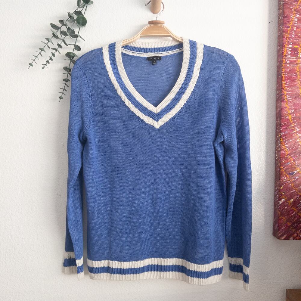 Talbots Blue V-Neck Sweater with Cream Trim Accents